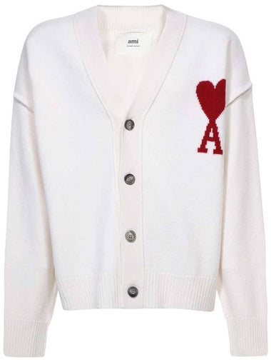 Heart Logo V Neck Wool Cardigan Off White - AMI - BALAAN 1