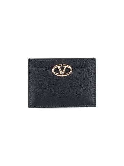 V Logo Signature Leather Card Wallet Black - VALENTINO - BALAAN 2