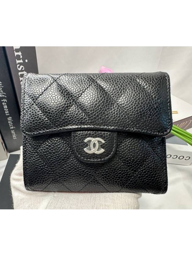 Small Classic Flap Wallet Grained Calfskin Silver Black - CHANEL - BALAAN 2