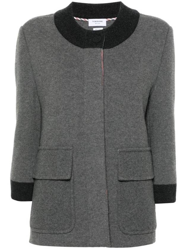 Boiled Double Face Stitch Merino Wool Cardigan Grey - THOM BROWNE - BALAAN 1