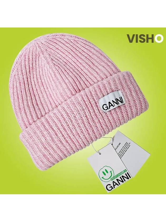 Logo Patch Knit Beanie Pink - GANNI - BALAAN 8