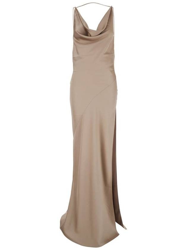 'Vera' Beige Long Dress With Cowl Neck And Open Back In Tech Fabric Woman - ANDAMANE - BALAAN 1