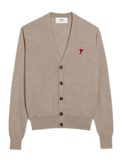 Red Heart Logo Merino Wool Cardigan Beige - AMI - BALAAN 2