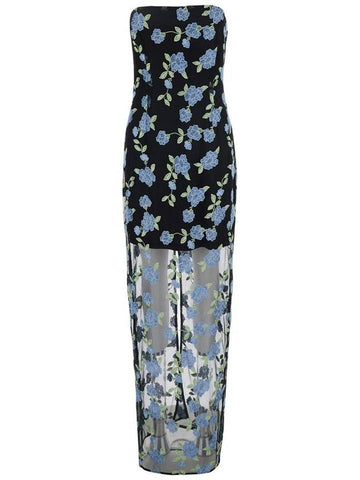 Black Long Dress With All-Over Floral Motif And Semi Sheer Lower Part In Tech Fabric Woman - ROTATE - BALAAN 1