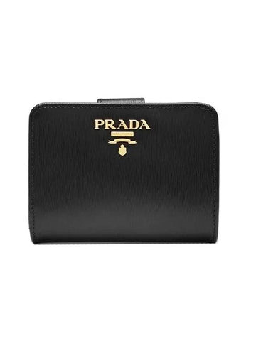 Women's Vitello Logo Leather Half Wallet Black - PRADA - BALAAN 1