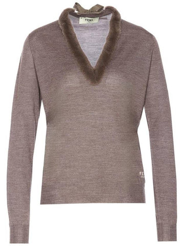 V-Neck Knit Top Grey - FENDI - BALAAN 1