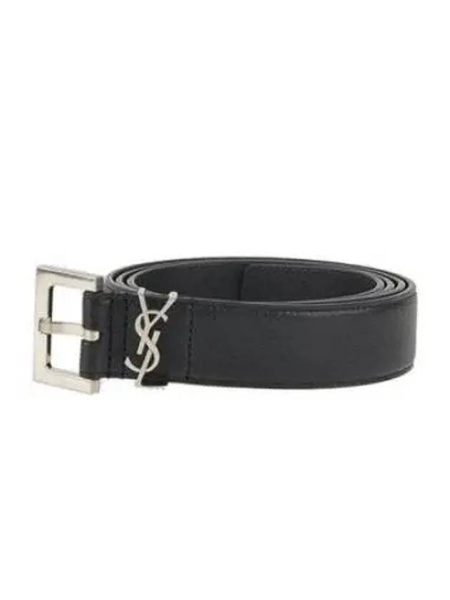 Silver Hardware Monogram Buckle Leather Belt Black - SAINT LAURENT - BALAAN 2