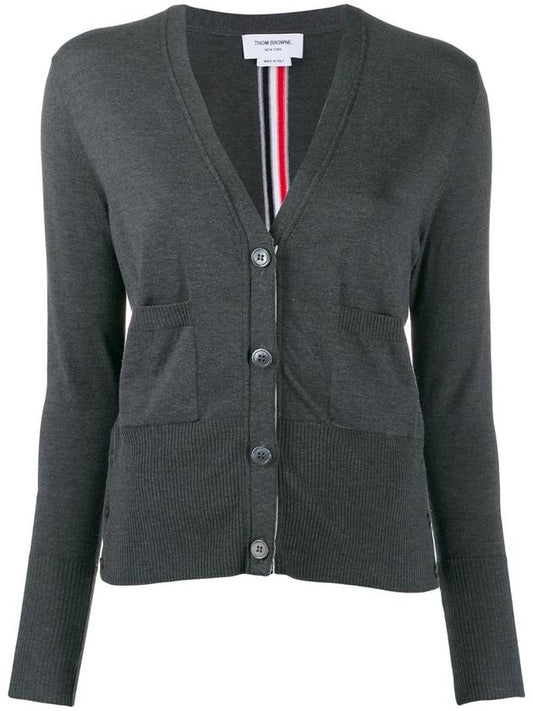 Silk Cotton Blend Relaxed V-Neck Cardigan Dark Grey - THOM BROWNE - BALAAN 1