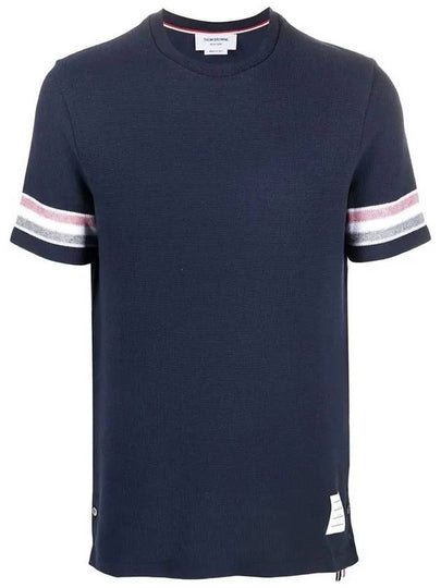 Textured Cotton Stripe Short Sleeve T-Shirt Navy - THOM BROWNE - BALAAN 2