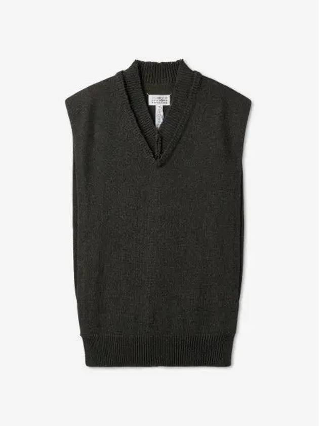 Layered Detail V-Neck Knit Vest Dark Green Walnut - MAISON MARGIELA - BALAAN 2