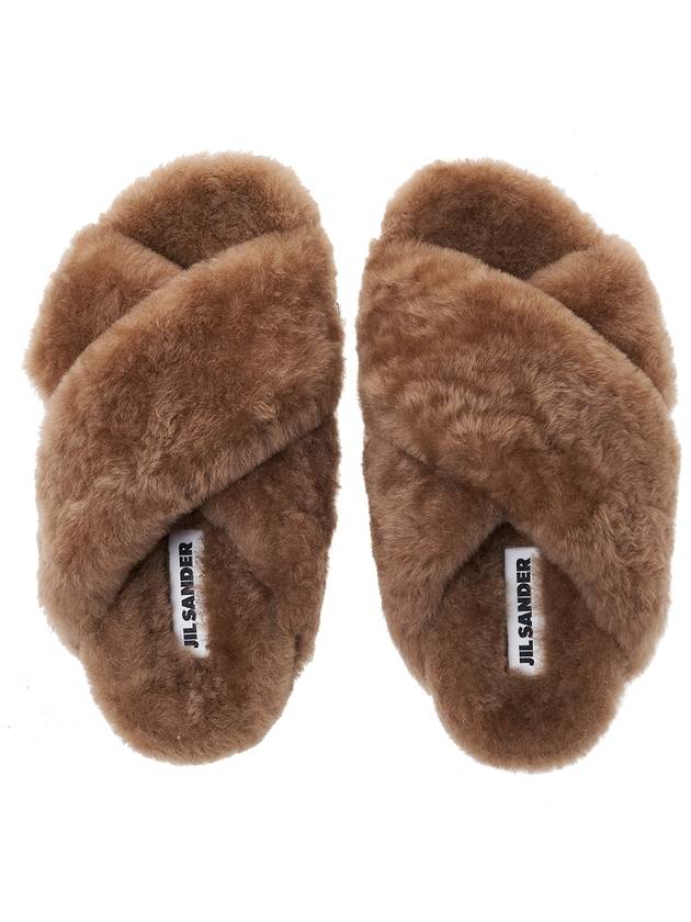 Cross Strap Shearling Slippers Brown - JIL SANDER - BALAAN.