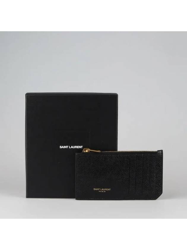 Coated Bark Leather Fragment Zipper Card Wallet Black - SAINT LAURENT - BALAAN 5