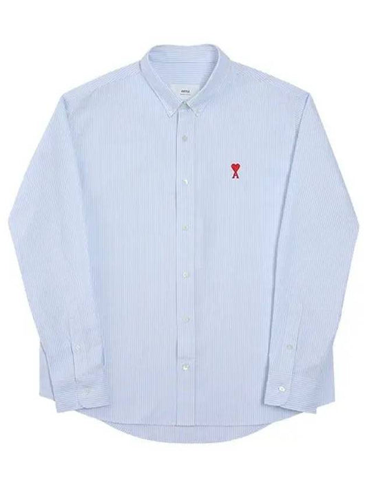 Men's Heart Logo Striped Button Down Long Sleeve Shirt SKy Blue - AMI - BALAAN 1