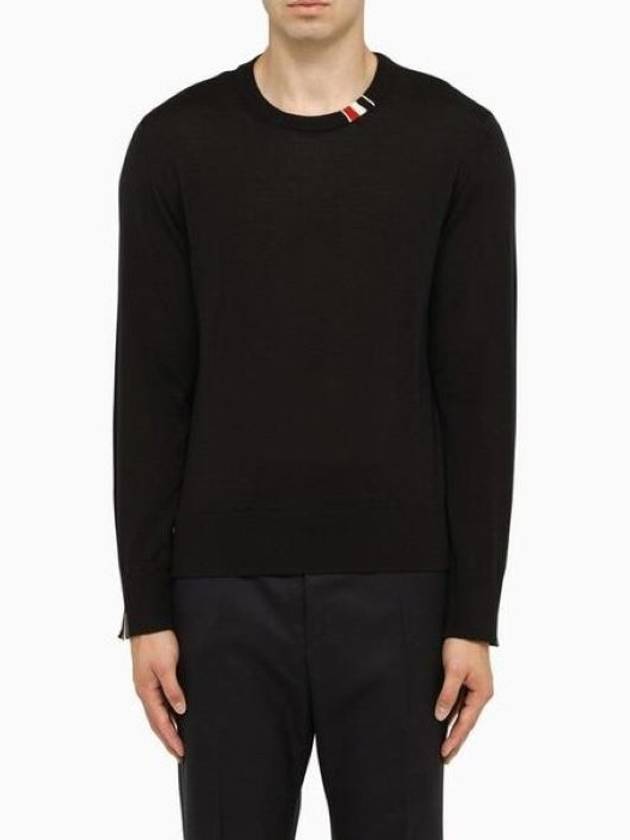 Intarsia Stitch Crew Neck Merino Wool Knit Top Navy - THOM BROWNE - BALAAN 3