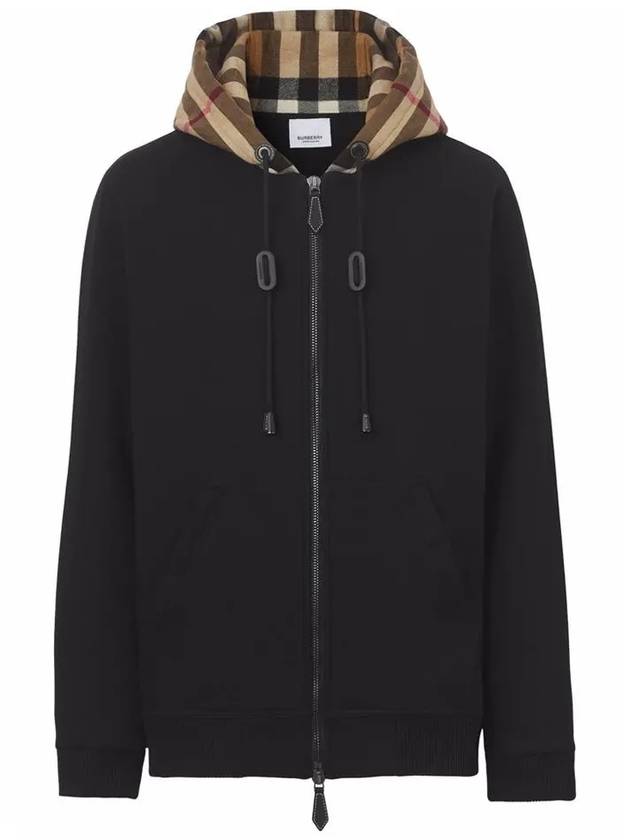 Check Cotton Blend Hoodie Zip-Up Top Black Birch Brown - BURBERRY - BALAAN 2