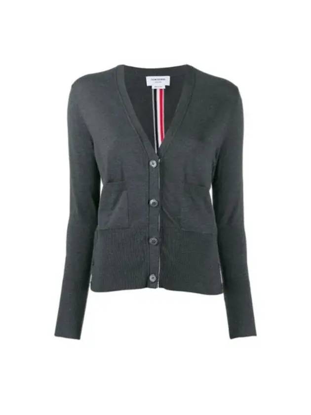 Silk Cotton Blend Relaxed V-Neck Cardigan Dark Grey - THOM BROWNE - BALAAN 2