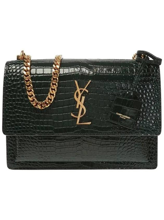 Gold Hardware Sunset Crocodile Embossed Leather Shoulder Bag Dark Green - SAINT LAURENT - BALAAN 1