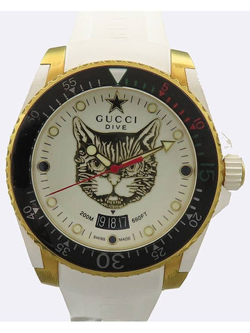 Gucci YA136322 Dive Gold Plated Cat Dial Rubber Band Quartz Watch - GUCCI - BALAAN 1