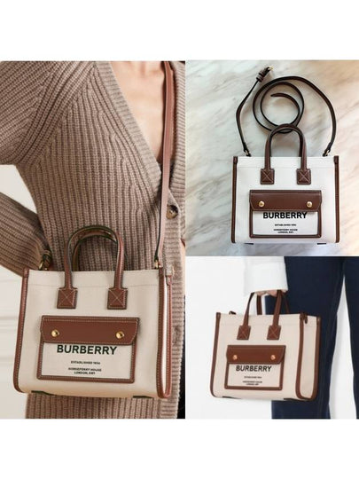 Mini Two-Tone Canvas and Leather Freya Tote Bag Natural Tan - BURBERRY - BALAAN 2