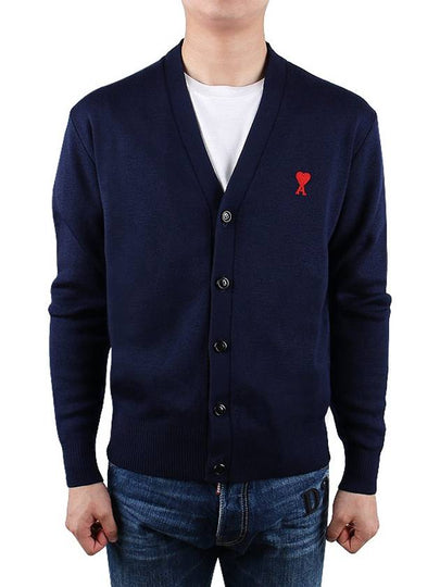 Small Heart Logo Wool Cardigan Navy - AMI - BALAAN 2