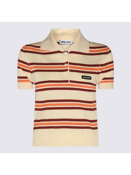 Striped Knit Silk Cotton Polo Shirt Cream - MIU MIU - BALAAN 1