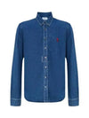 Heart Logo Button Down Denim Long Sleeve Shirt Navy - AMI - BALAAN 2