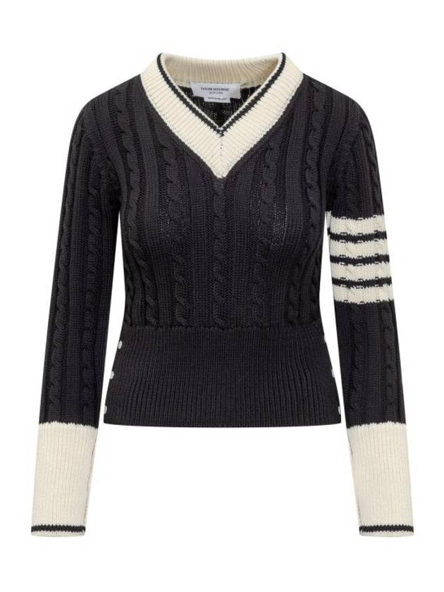 Baby Cable V-Neck Knit Top Navy - THOM BROWNE - BALAAN 2