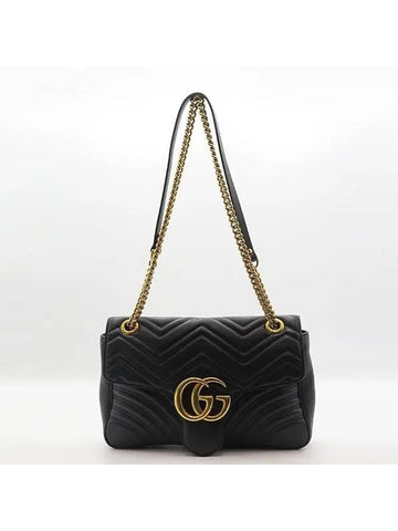 443496 Black Matelasse Leather Medium M Chevron Heart Stitch GG Marmont Chain Flap Shoulder Bag - GUCCI - BALAAN 1