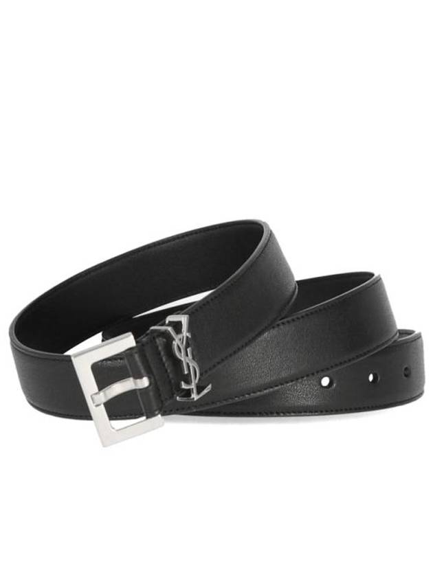 Silver Hardware Monogram Buckle Leather Belt Black - SAINT LAURENT - BALAAN 3