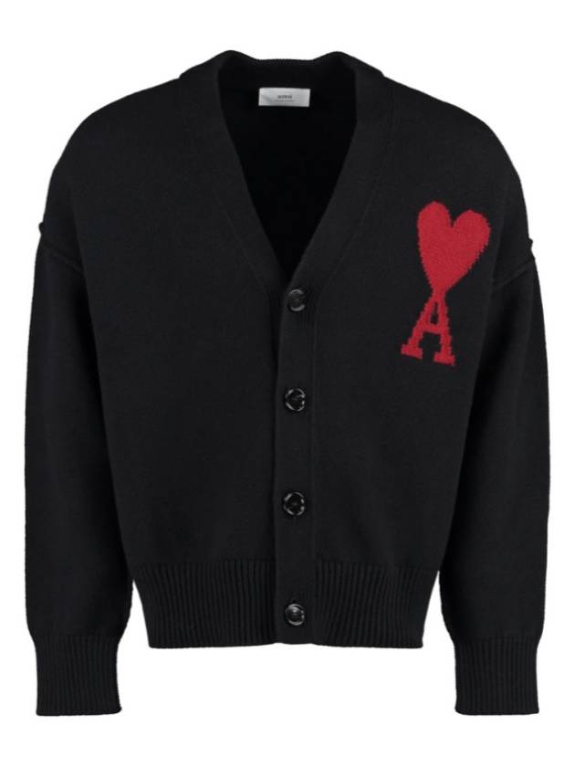 Heart Logo V Neck Wool Cardigan Black - AMI - BALAAN 3