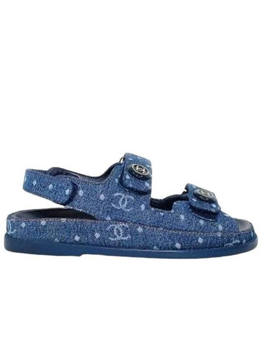 CC Button Printed Denim Velcro Sandals G35927 Dark BlueEU37 - CHANEL - BALAAN 1