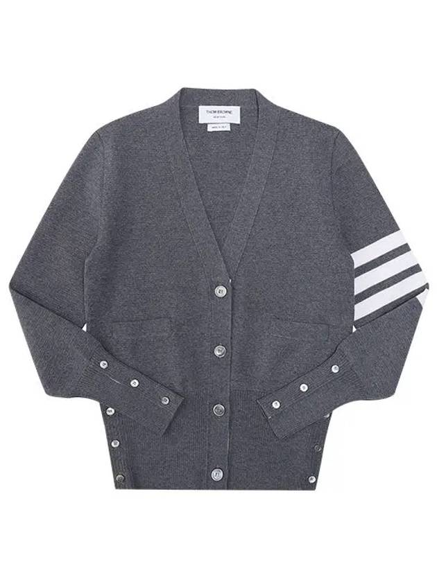 Milano Stitch 4 Bar Classic V Neck Fine Merino Wool Cardigan Medium Grey - THOM BROWNE - BALAAN 2