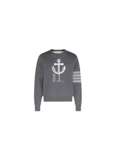 Men's Anchor Jacquard 4-Bar Crew Neck Knit Top Med Grey - THOM BROWNE - BALAAN 2