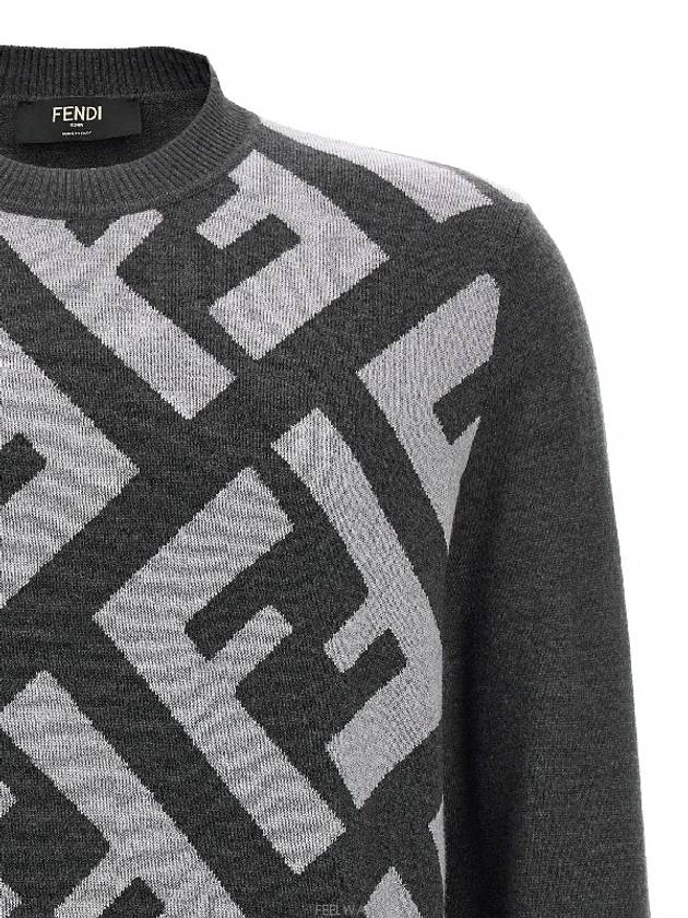 Monogram Jacquard Wool Crewneck Knit Top Grey - FENDI - BALAAN 5