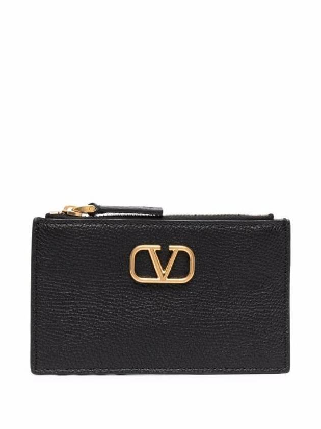 V Logo Zipper Grain Leather Card Wallet Black - VALENTINO - BALAAN 1