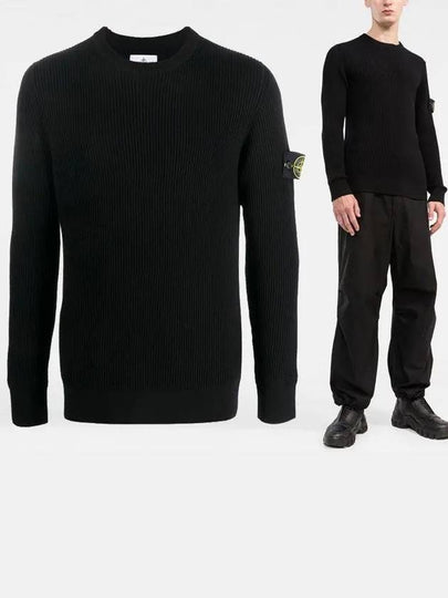 Wappen Patch Crew Neck Ribbed Wool Knit Top Black - STONE ISLAND - BALAAN 2