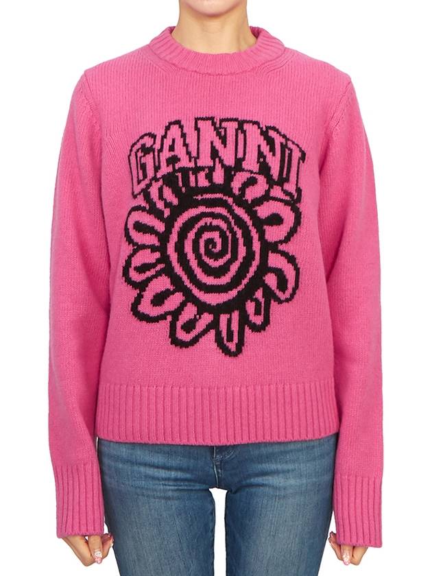 Pink Flower Graphic O-Neck Knit Top Pink - GANNI - BALAAN 2