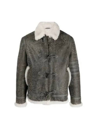 Shearling Trim Cracked Leather Jacket Grey - THOM BROWNE - BALAAN 2