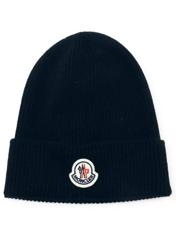 Logo Patch Wool Beanie Navy - MONCLER - BALAAN 1