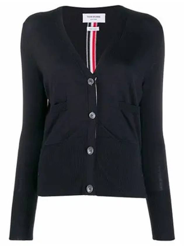 Silk Cotton Blend Relaxed V-Neck Cardigan Navy - THOM BROWNE - BALAAN 2