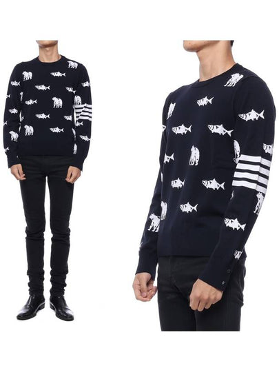 Men's Diagonal Bear Salmon Half Drop Wool Knit Top Navy - THOM BROWNE - BALAAN 2