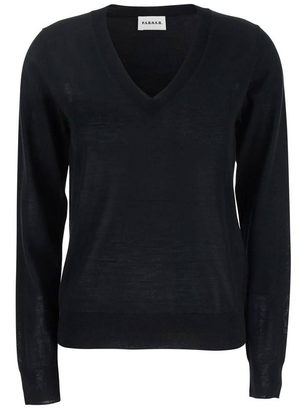 Black V-Neck Long-Sleeved Sweater In Wool And Silk Blend Woman - P.A.R.O.S.H. - BALAAN 1