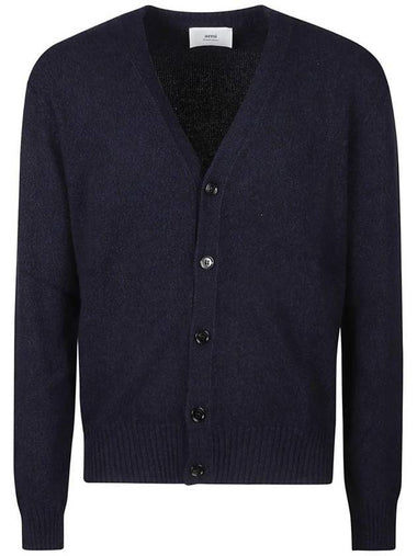 Heart Logo V Neck Cashmere Cardigan Navy - AMI - BALAAN 1