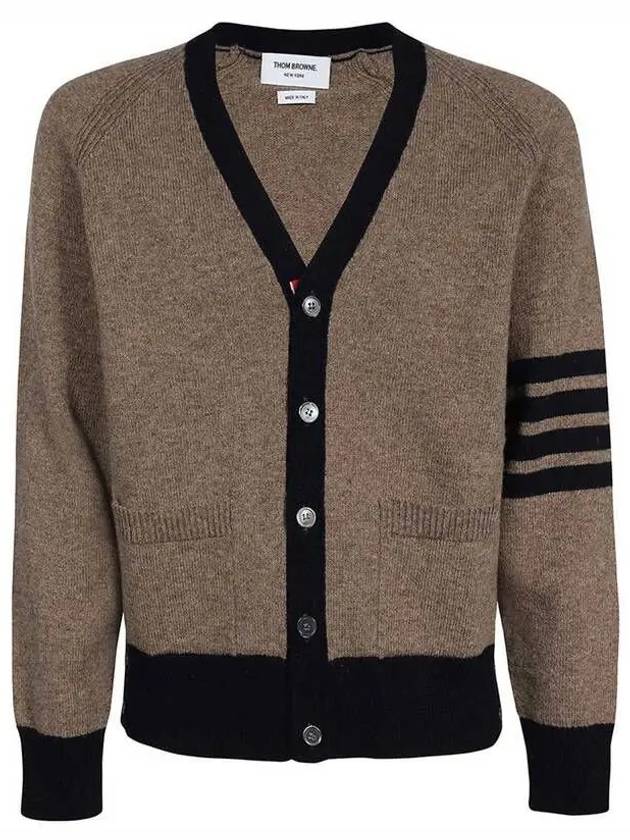 V-Neck 4-Bar Wool Cardigan Brown - THOM BROWNE - BALAAN 2