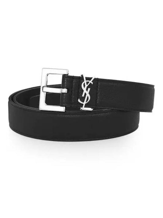 Silver Hardware Monogram Buckle Leather Belt Black - SAINT LAURENT - BALAAN 2