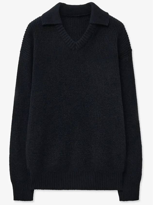 Open collar V neck knit black - BLONDNINE - BALAAN 1