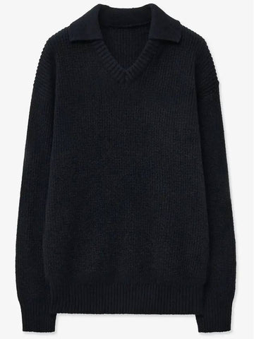 Open collar V neck knit black - BLONDNINE - BALAAN 1