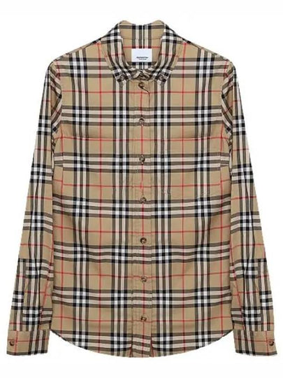 Button Down Collar Vintage Check Stretch Cotton Long Sleeve Shirt Beige - BURBERRY - BALAAN 2