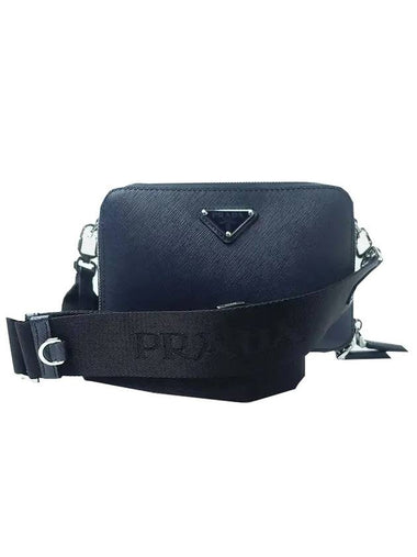 Brick Re-Nylon Saffiano Leather Triangular Logo Cross Bag Navy - PRADA - BALAAN 1