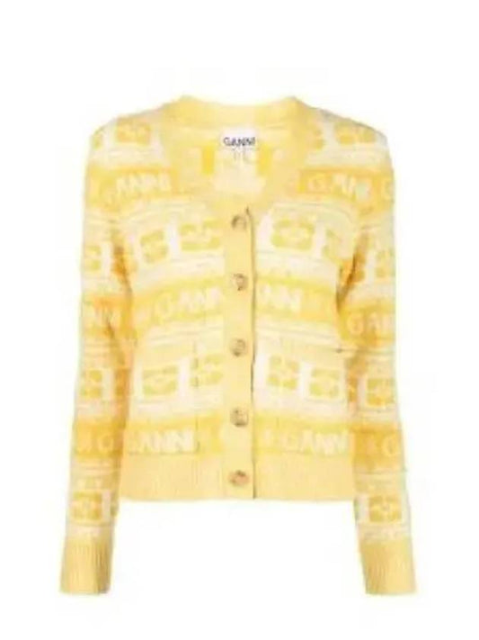 Intarsia Logo Wool V-Neck Cardigan Yellow - GANNI - BALAAN 2